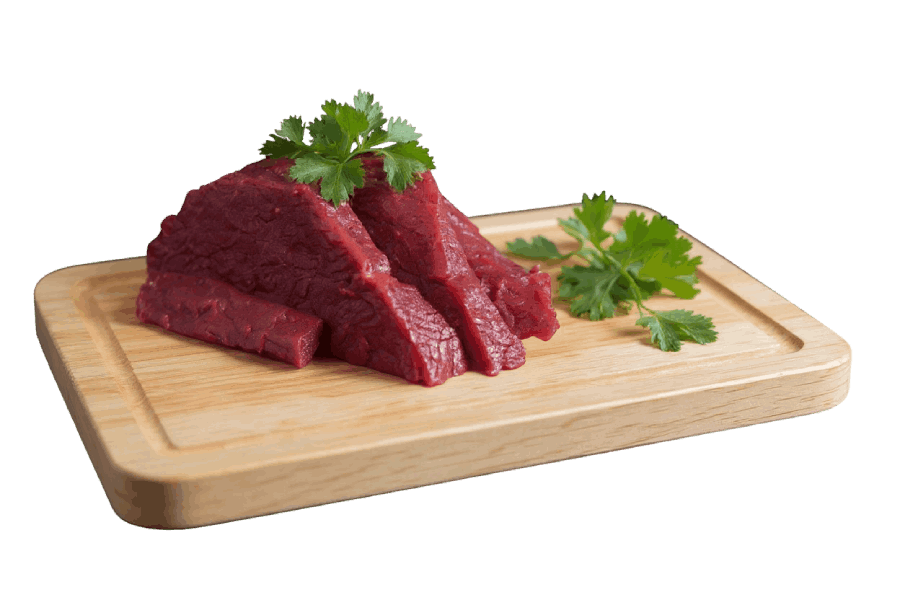 Sliced raw meat on wooden board