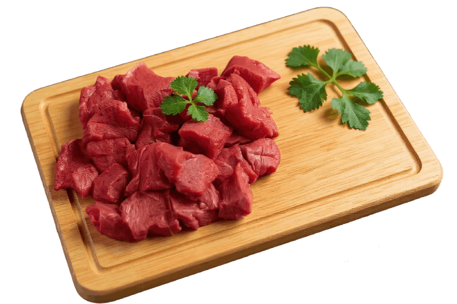 Diced raw meat on wooden board