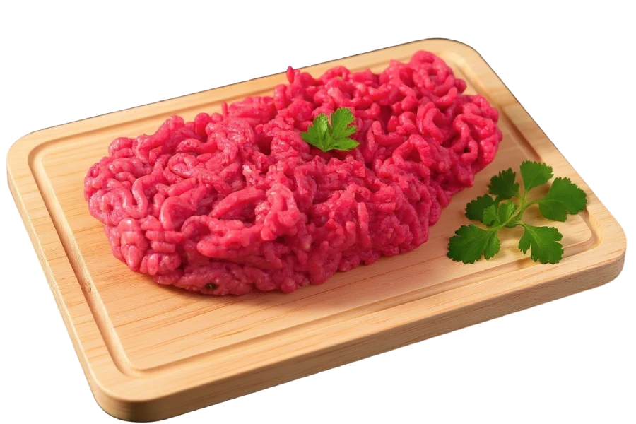 Ground beef on wooden board