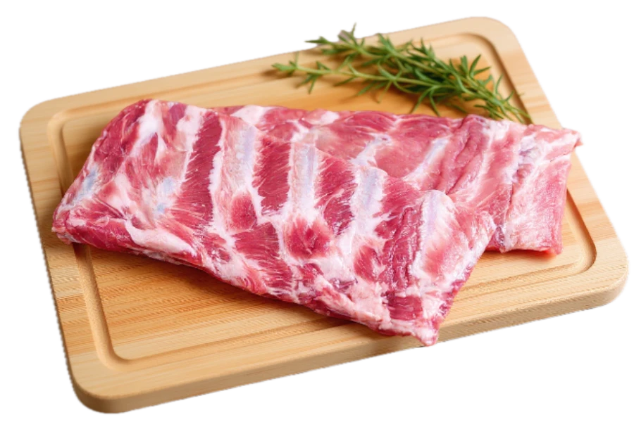 Rack of ribs on wooden board